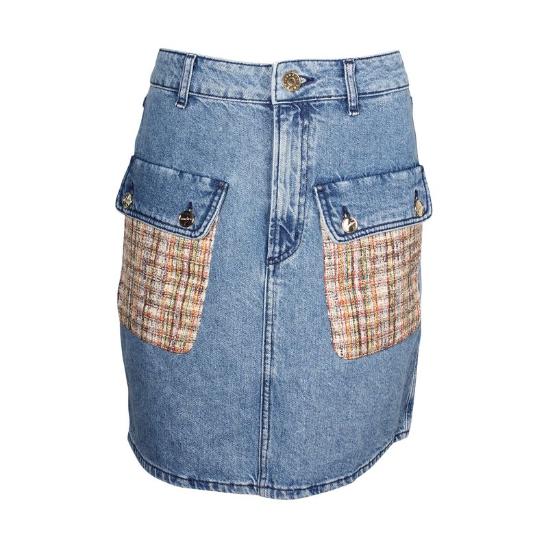 Sandro Paris Fiorina Tweed-Paneled Denim Skirt In Blue Cotton